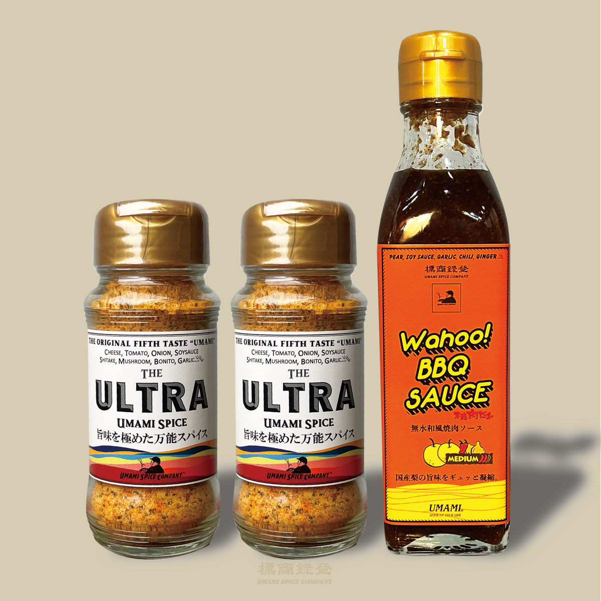 NEW!「Wahoo! BBQ SAUCE 200ml ボトル」1本と「THE ULTRA UMAMI SPICE 100g ボトル」2本の合計3本セット