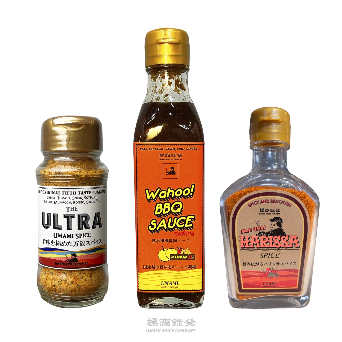 【UMAMI 3兄弟】「THE ULTRA UMAMI SPICE」「Wahoo! BBQ SAUCE」「UMA! UMA! HARISSA」 合計3本セット